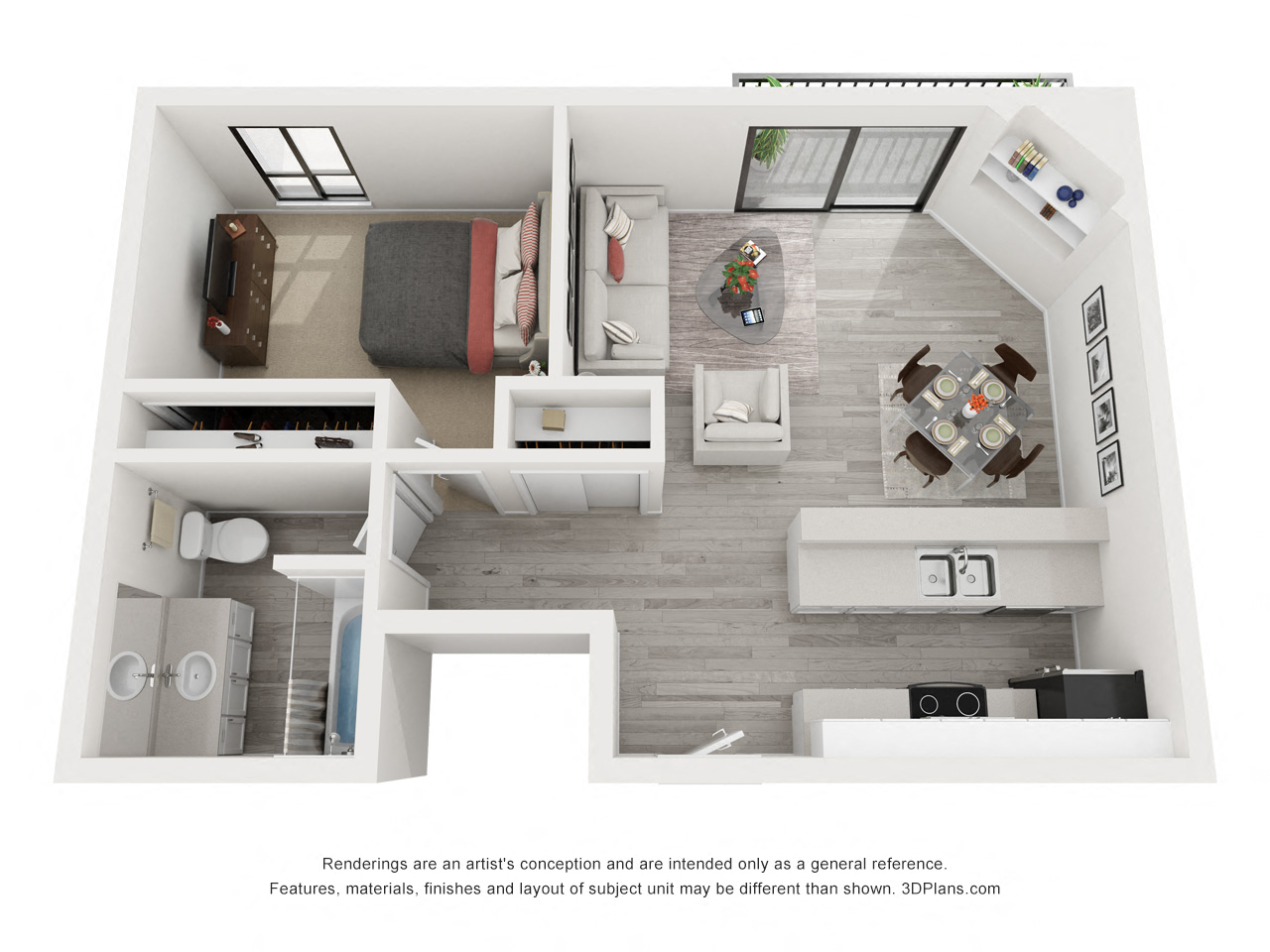 Floor plan for 1 bed, 1 bath, 810 sqft